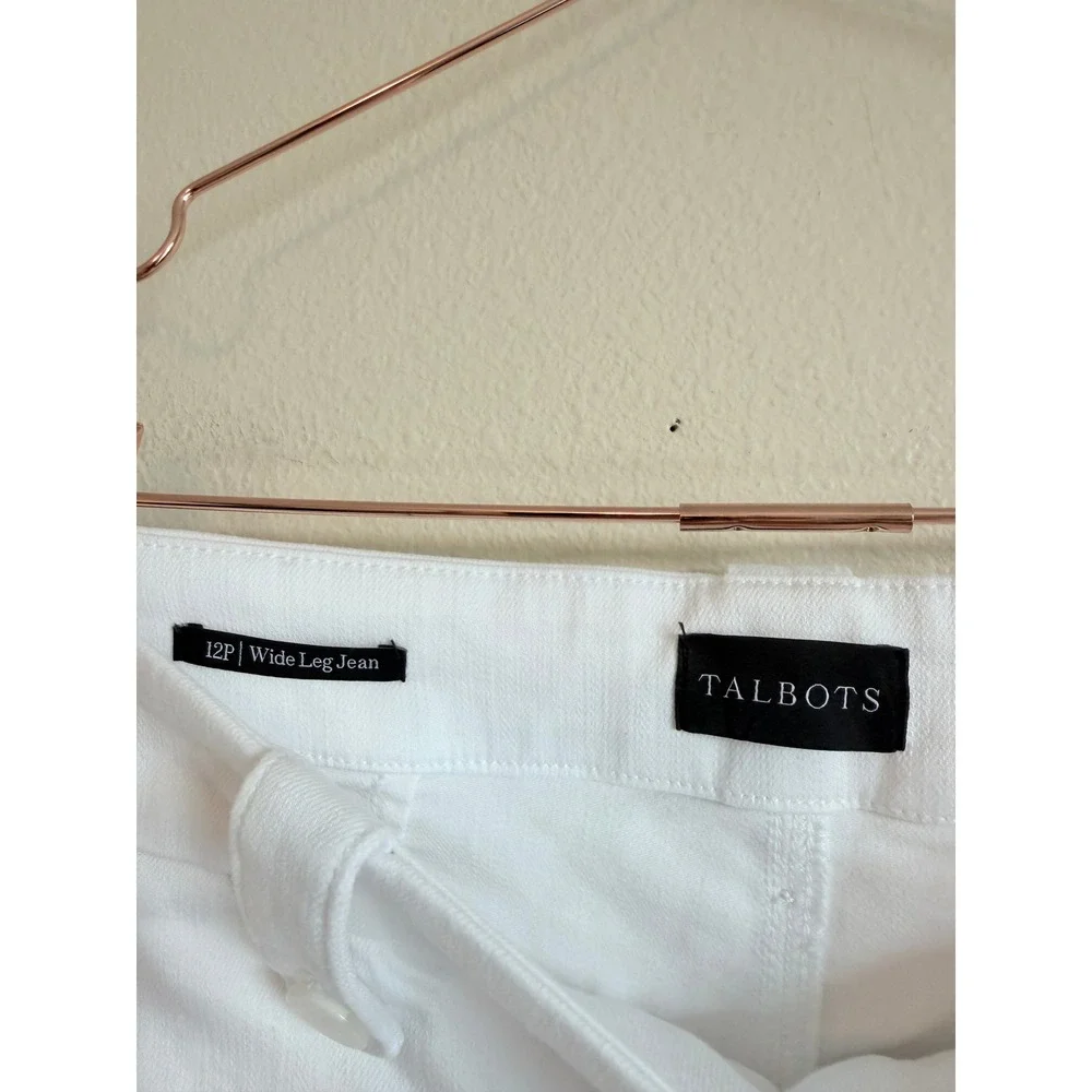 Talbots Wide‎ Leg Jeans Size 12P White High Rise Cropped Stretch Nautical Denimg